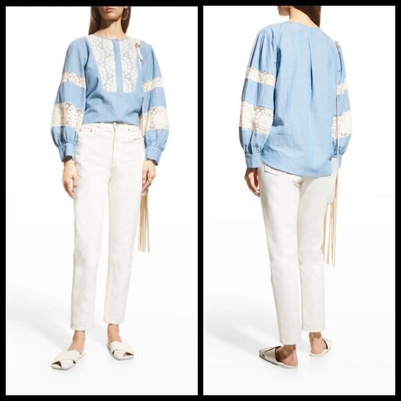 💕JOHNNY WAS💕 Thalassa Pieced Button-down Shirt Lace Detail Chambray Blue NWT - Picture 9 of 16